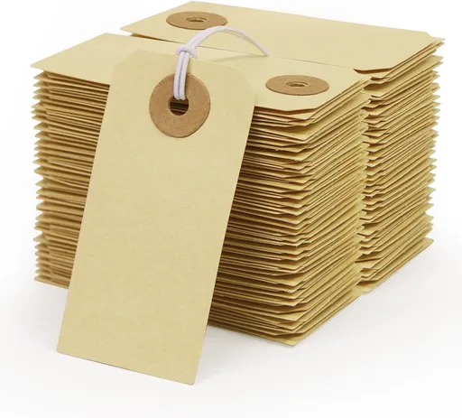 Manila Paper Tags with Elastic String - 200 Pcs Small Hang Price Tags Attached Reinforced Hole, Blank Marking Shipping Label for Hanging Gift Clothing Jewelry (2 3/4" x 1 3/8")