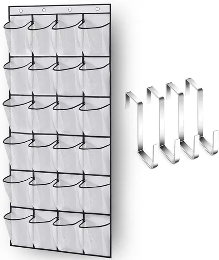 Over The Door Shoe Organizer 24 Large Mesh Pockets, White