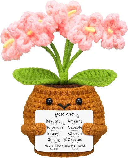 Christian Gift for Women Positive Handmade Crochet Doll with Bible Verse Prayer Card Inspirational Scripture Religious Mother's Day Sunday Group Church(Forget Me Nots) -