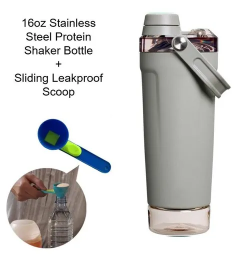 Grey Sports Nutritional Drinkware Set with 16oz Stainless Steel Protein Shaker Bottle and Sliding Anti-spill Scoop - Vacuum Insulated Gym Flask with Detachable Bottom Storage Capsule and Quick-Open Lid, Filter Net & Portable Handle for Gym and Outdoo