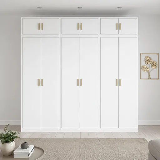 240x240cm 6-Door White Steel Shelf Wardrobe with Gold Handle Storage Cabinet