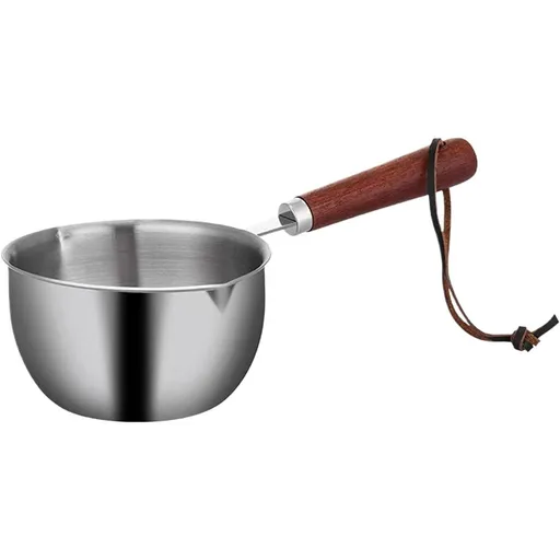 Stainless steel mini pot - butter warmer, (500ml) coffee/milk warmer, mini sauce pan for coffee, ideal for seafood butter warmers,melting pot With dual spouts and wooden handle
