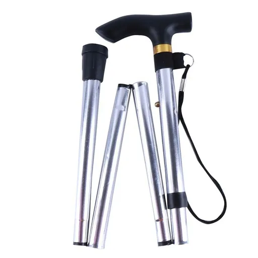 Folding Walking Stick Adjustable Aluminium Alloy Hiking Pole Lightweight Collapsible Trekking Cane for Camping Travel Outdoor Activities - Silver