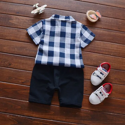 Boys Cotton Short Sleeve Shirt Shorts Set 1-3 Years Short Sleeve Check Shirt Blue 90cm