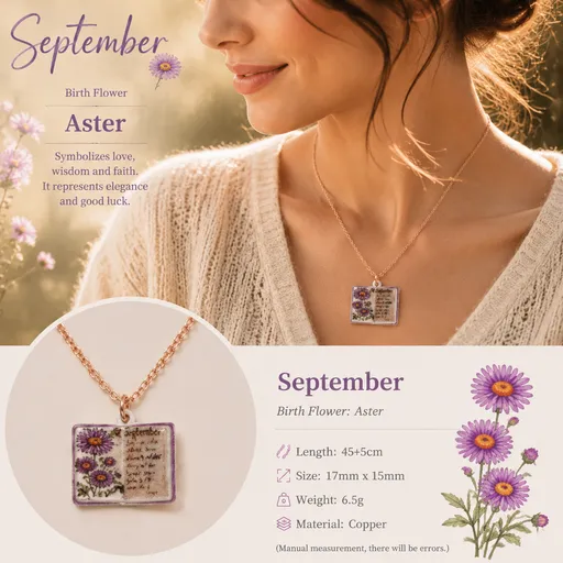 Vintage-style book necklace with September birthday flowers, a luxurious gold-plated bronze exquisite floral pendant gift