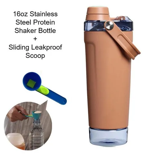 Coffee Sports Nutritional Drinkware Set with 16oz Stainless Steel Protein Shaker Bottle and Sliding Anti-spill Scoop - Vacuum Insulated Gym Flask with Detachable Bottom Storage Capsule and Quick-Open Lid, Filter Net & Portable Handle for Gym and Outd