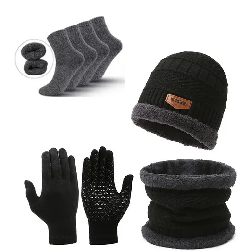 Black Men's 5-Piece Winter Essentials Set - Lined Beanie Hat, Neck Warmer, Touchscreen Gloves & 2 Pairs Thermal Socks