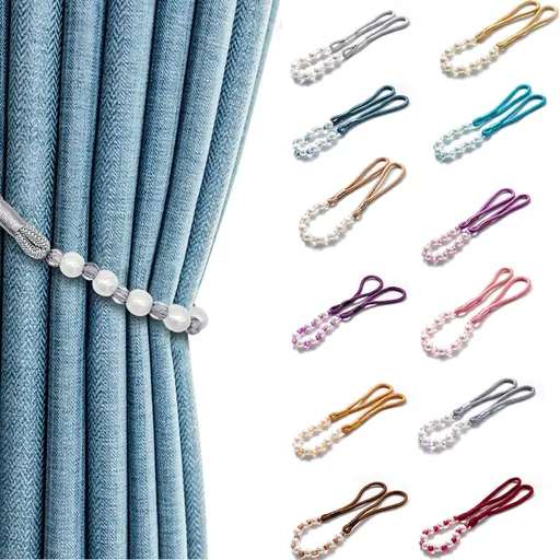 2 Pack Acrylic Pearl Curtain Tie Backs Curtain Hooks, Elegant Beads Curtain Rope Straps, Decorative Holdbacks Curtain Holders, 29in Light Brown
