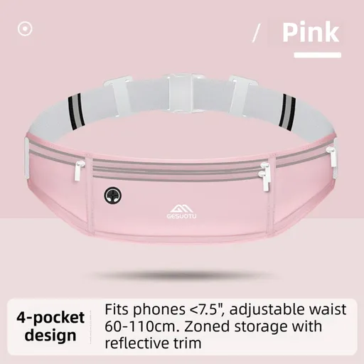 Pink Breathable & Waterproof Lycra Running Waist Bag for 7.5" Phone – Lightweight No Bounce Reflective Fitness Belt with 4 Zipper Pockets, Earphone Hole and Adjustable Strap for Men and Women