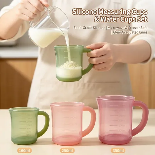 Multipurpose Food-Grade Silicone Measuring Cup & Drinking Cup Set with Heat-Resistant Handle, Leak-Proof Spout, Clear Scale Marks for Baking, Kids’ Hydration, and Everyday Home Use (350ml, Rose)