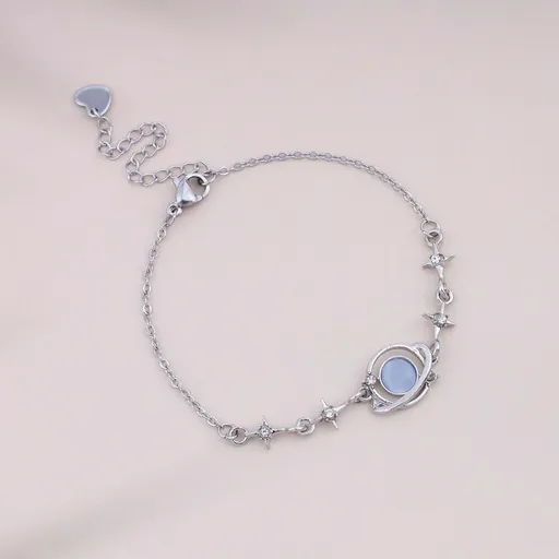 Vintage Light Blue Moonstone Bracelet Silver Star Chain Bracelet Round Blue Gemstone Bracelet Rhinestone Cross Hand Chain