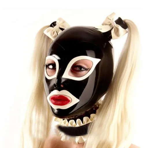 House Of Dasein Sexy Black Latex Hood Rubber Mask With Hairpieces Wigs Bows Neck Lace - Xl