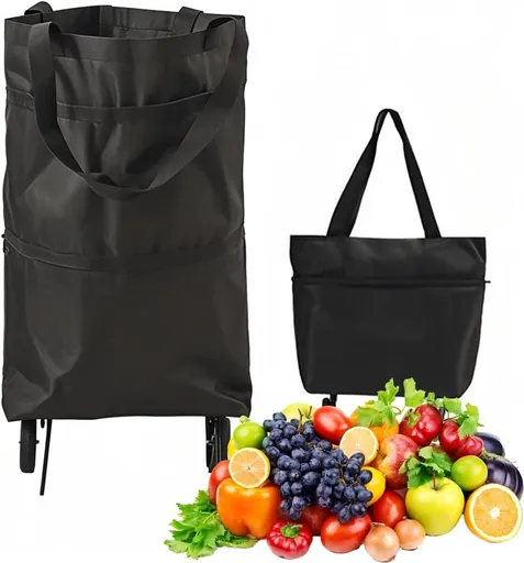 Foldable shopping cart, portable hand pull cart, 2-in-1 wheeled shopping cart, waterproof Oxford bag, supermarket shopping cart, black