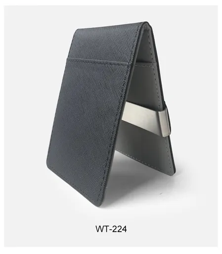 Black Men's Slim Bifold Money Clip Wallet - Saffiano Texture PU Leather with Stainless Steel Cash Clamp - Minimalist Front Pocket Card Holder