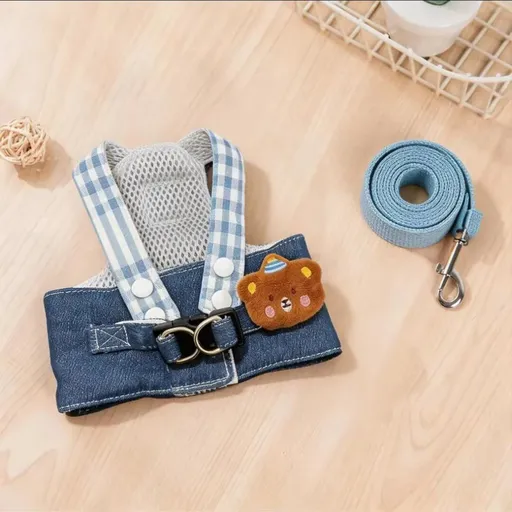AMOOR Dog Harness Set Breathable Polyester Small Medium Denim Bear Two-Piece Set XL