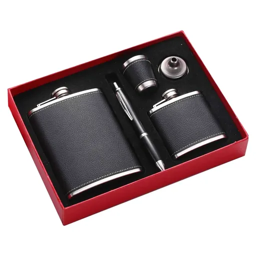 Wine Pot Stainless Steel Portable Flat Bottle Outdoor Small Flask For Travel - Lychee Pattern Gift Box