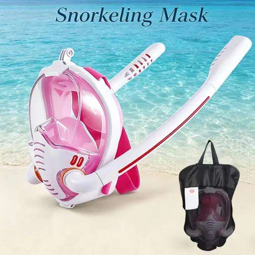 Adult Full Face Snorkel Mask Dual Tube 180° Panoramic Anti-Fog, Unisex Snorkelling Gear for Outdoor Water Sports S/M.pink
