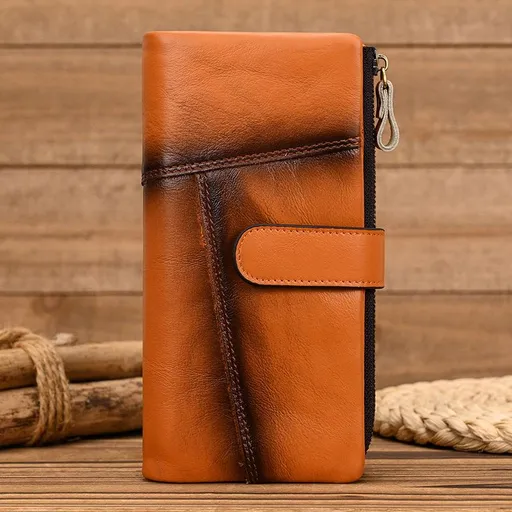 Vintage Distressed Crazy Horse Leather Double Zip Long Wallet, Top Grain Leather Bi-Fold Large Capacity Clutch, RFID Blocking Men's Wallet.(brown yellow)