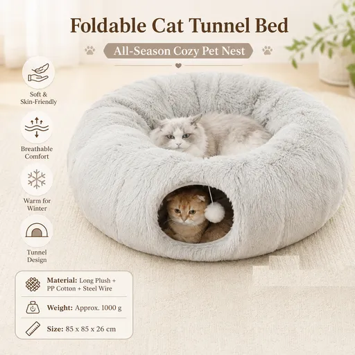 Grey Foldable Cat Tunnel Bed - Plush 2-in-1 Pet Nest with 26cm Wide Opening, Non-Slip Base and Hanging Toy for Indoor Cats
