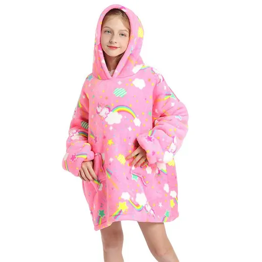 Childrens Cartoon Flannel Hooded Blanket Polyester Children's Winter Clothing Rainbow Horse All yards