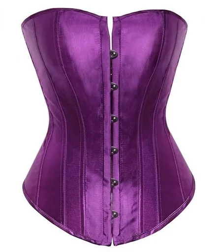 House Of Dasein Satin Over Bust Corset Lace Up Back Pink Purple Blue Gold Red Erotic Lingerie - Purple - S