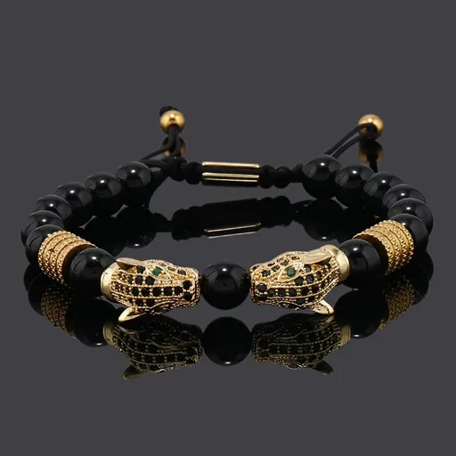 golden Leopard Print Men's Bracelet: Polished Black Stone Beads with Inlaid Diamond Leopard Head, 175-200mm Adjustable, Embodying Wild and Sophisticated Wrist Fashion.