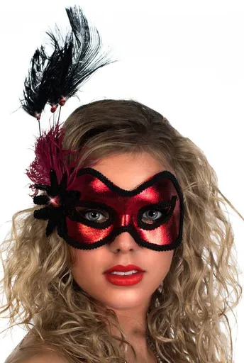 Masquerade Mask Red Vinyl Side Feather Black Braid Trim 20cm x 26cm