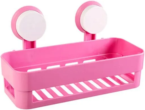 Plastic Organizer Rack for Bathroom Kitchen Storage Box Basket Organization W/Wall Mounted Suction Cup (Pink)