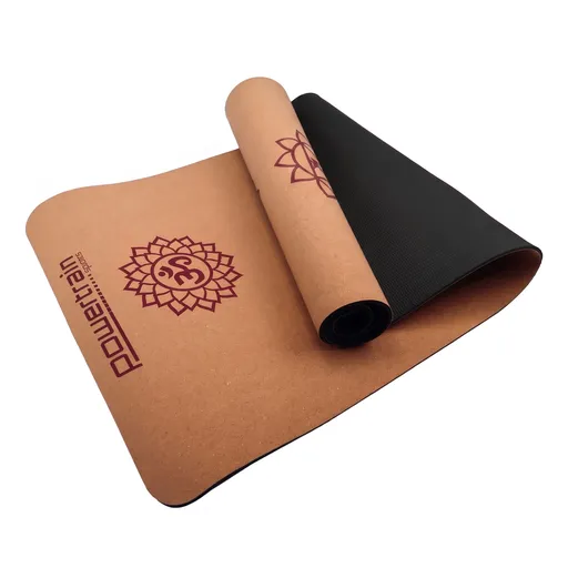 Powertrain 6mm Natural Cork Yoga Mat with Carry Strap, Non-Slip Cushioned Pilates Exercise Fitness Mat - Chakra