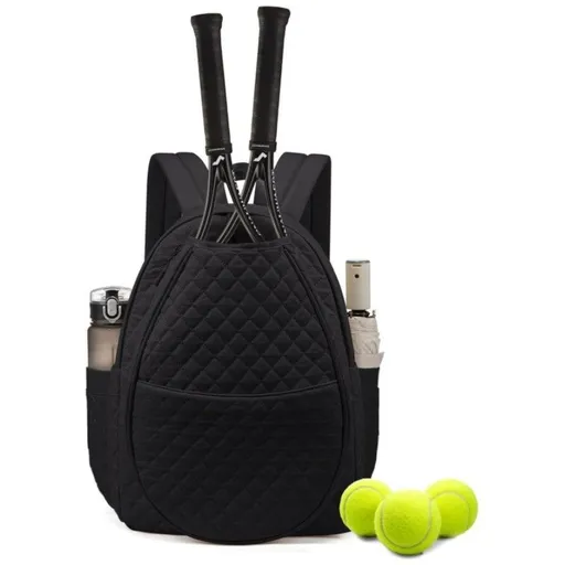 Black Large Tennis & Pickleball Quilted Backpack and Sports Travel Tote for Men and Women - Racket Compartment, 2 Side Pockets & Multi-Pocket Organization (32x17x44.5 CM)