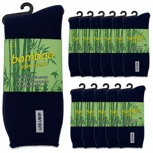 12 Pairs Bamboo Rich Mens Work Socks Thick Cushion Anti Odour - Navy Blue