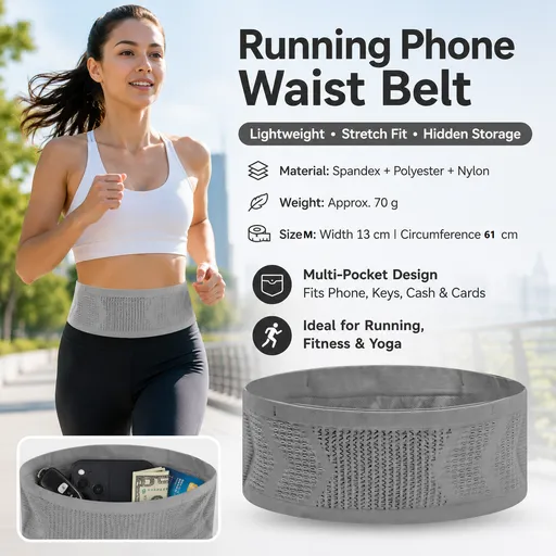 Grey M Size Running Waist Belt - High Stretch Spandex Nylon Blend, 360-Degree Storage Pocket, Breathable Mesh Design for Running and Gym Use
