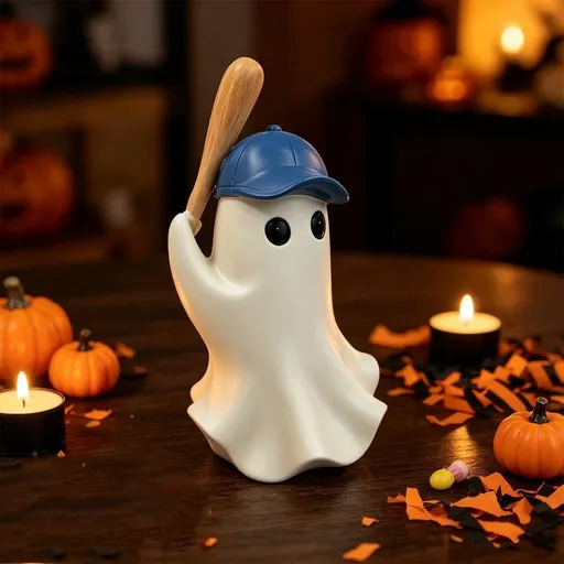 Halloween Baseball Ghost Figurine Resin Statue Wearing Blue Cap Holding Baseball Cute Tabletop Ornament for Shelf Desk Indoor Home Decor 6 inch