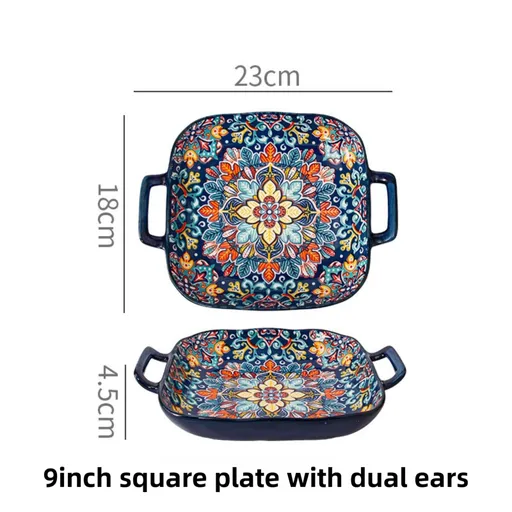 9-Inch Underglaze Ceramic Square Serving Plate with Dual Handles (Baroque) - Microwave and Oven Safe Pasta & Fruit Tray