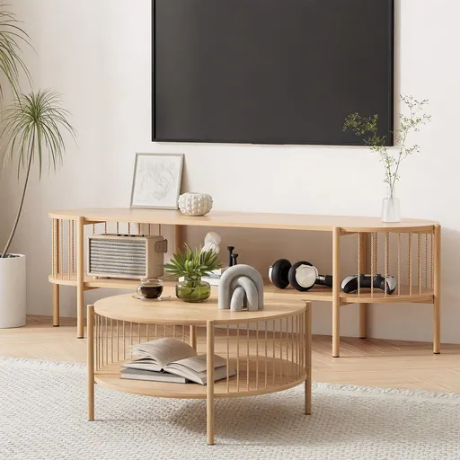 Artiss TV Unit & Coffee Table Set Storage Shelf Pine
