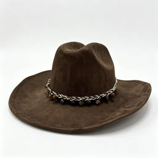 Brown Western Cowboy Hat - Brown Suede Fabric, 56-58 cm Fit, 10 cm Wide Brim, Braided Bead Band, Lightweight Vintage Style for Men and Women