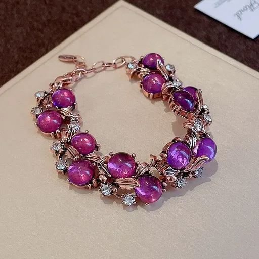 Gold Bracelet with Purple Stone | Christmas Regal Vintage Gift | Purple Rhinestone Heart Bracelet Luxury Retro Jewelry