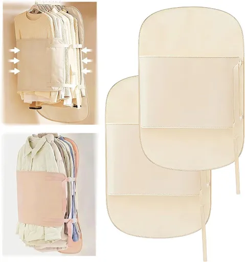 2 Pack Hanging Clothes Organizer Bag with Adjustable Shoulder Strap, Space Saving Closet Storage for Coats, Down Jackets, Shirts, Apricot