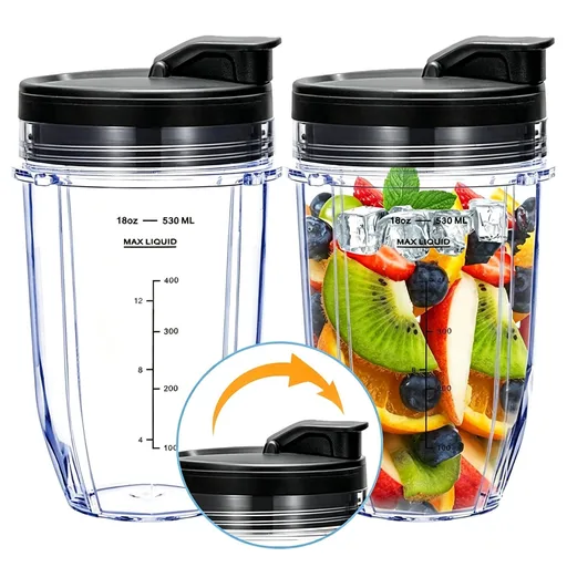 Replacement Ninja Blender Cup Compatible with 32oz 24oz 18oz BL480 BL482,2Pcs 18oz Blender Cups & 2Pcs Flip鈥慣op Lids,Halloween Kitchen Replacement Parts Gift