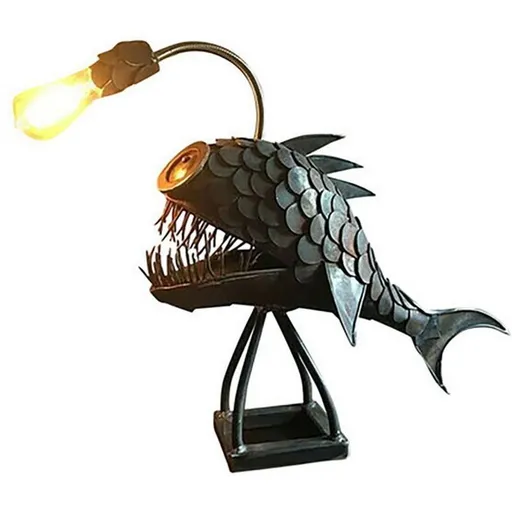 Angler's fish light steampunk, vintage wrought iron handmade statue, marine animal decoration, bedroom lighting