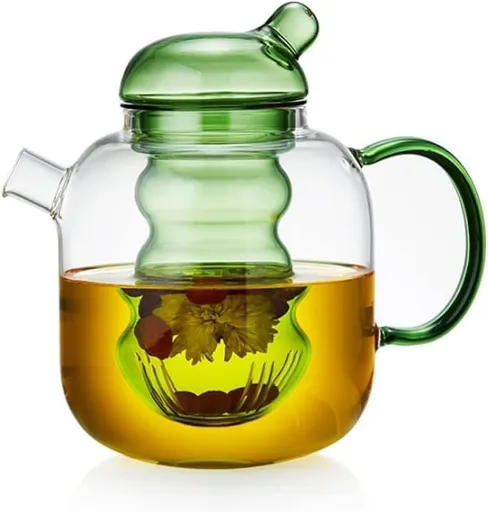 Handmade glass teapot for the stove with removable glass tea infuser - 2-in-1 flower teapot - Suitable for electric cooktops and kitchen appliances (colour: green)