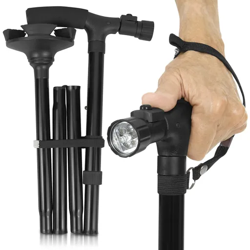 Folding Cane with Light - Walking Adjustable Stick for Women, Men, Balance - Foldable Portable Collapsible Hand Balancing