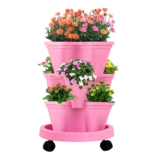 Pink 3-Tier Stackable Strawberry & Vegetable Planter with Mobile Wheel Tray - Space-Saving Vertical Gardening System