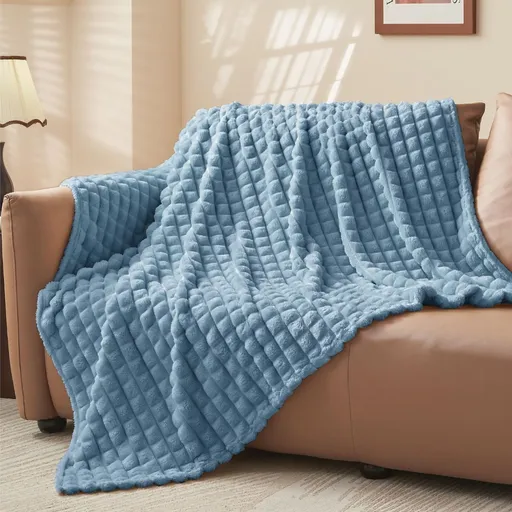 Updated Grey Throw Blanket for Couch and Bed- Super Soft and Warm 3D Checkered Fluffy Fuzzy Fleece Blanket, Luxurious Plush Cozy Blanket for Room Decor Spring - Blue - Size 200cm*230cm