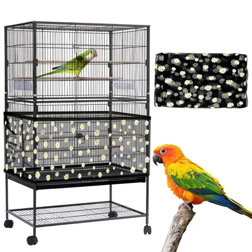 XL Black Flower【Height 37, Circumference 220】 Large Bird Cage Seed Catcher Net Cover - Adjustable Mesh Guard Splash-Proof Dust Cover for Indoor Outdoor Cages