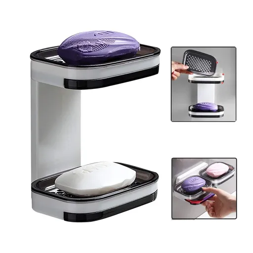 Shower Soap Holder, Double Layer Soap Dish with Draining Tray, Wall Mounted Bar Soap Holder, Adhesive Soap Saver Box (Black)