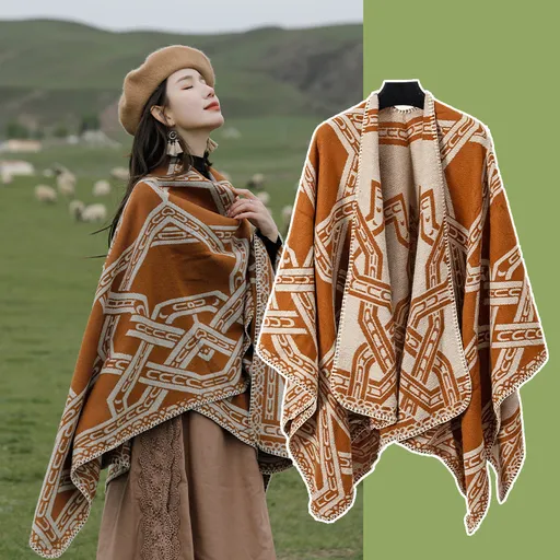 Brown Bohemian Ethnic Print Blanket Poncho - Warm Windproof Oversized Shawl Wrap (130x150cm)