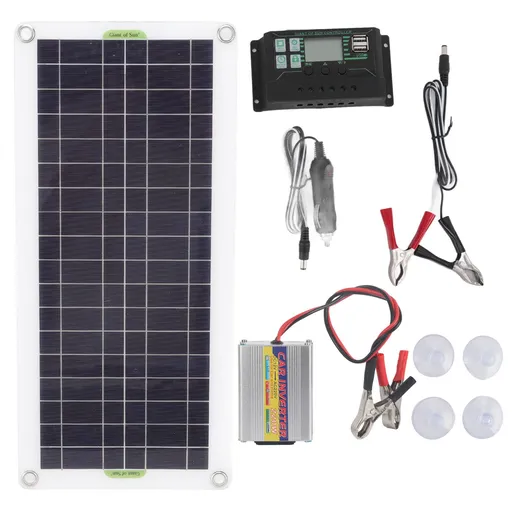 12V to 220V 30W Solar Charging Panel 220W Solar Inverter Battery Charger Kit for Camping Hiking 10A