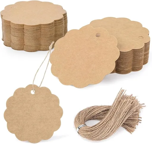 100PCS Kraft Paper Gift Tags with String, Round Circle & Cupcake Designs for Clothing & Gifts