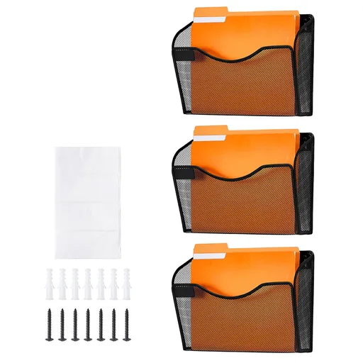 File Wall Rack, Three-Piece 1 Pocket Mesh Wall File Holder, Wall Mounted Magazine Mail Paper & Document Storage Folder, Metal Wall File Organizer with Nametag Label, for Office Home & School